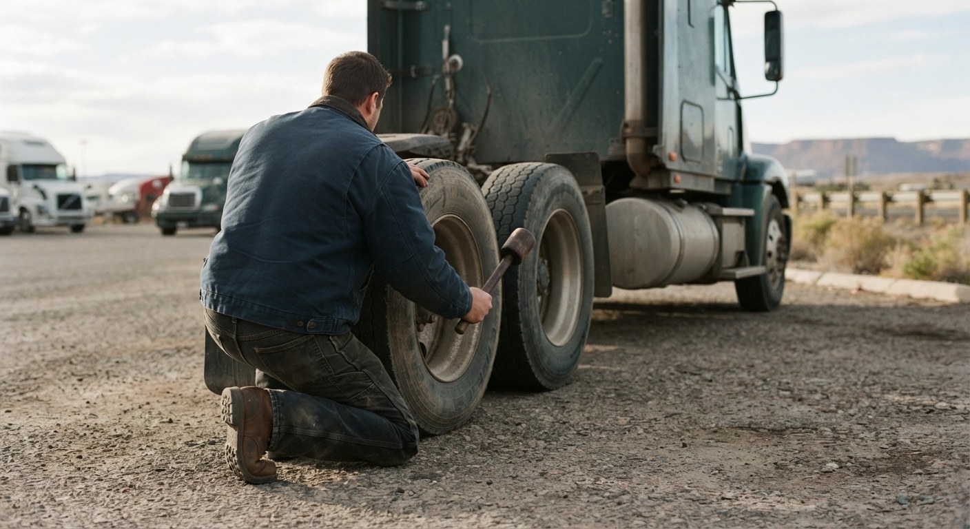Worker inspecting a tractor tire before a trip